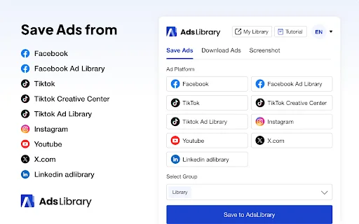 AdsLibrary – บันทึกโฆษณา Facebook, TikTok, YouTube ได้ง่ายๆ ในคลิกเดียว - Screenshot 1
